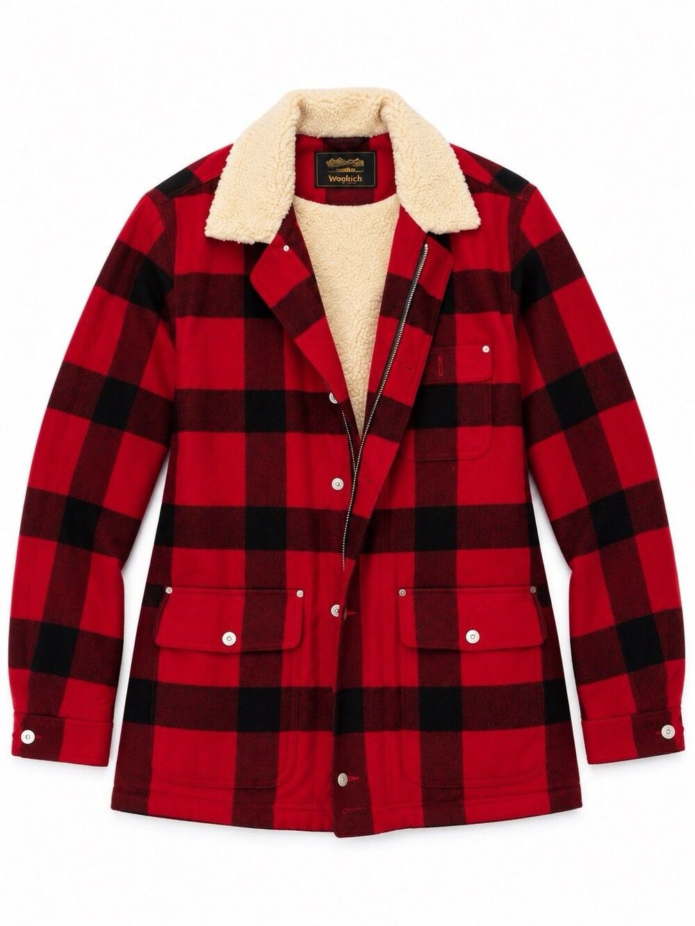 Vintage Evergreen Outerwear 100% Lambswool Buffalo Plaid Sherpa Lined Coat Red L